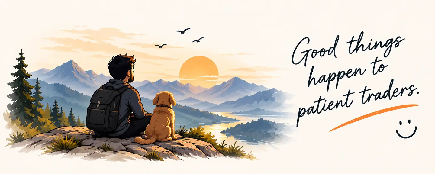 A man sitting with his golden retriever, looking at the mountains, with the handwritten note: Good things happen to patient traders.